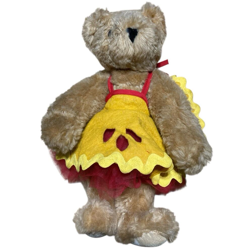 Authentic Vermont Teddy Bear Plush Jointed Suede Pads Yellow Felt Dress Red Tutu